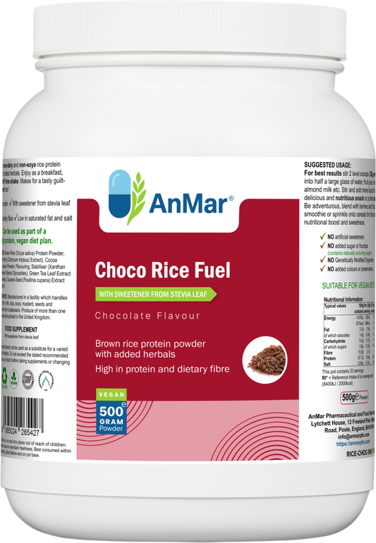 Front of AnMar™ Choco Rice Fuel container featuring chocolate flavour brown rice protein powder with stevia, herbs, and high dietary fibre in a 500g vegan tub.