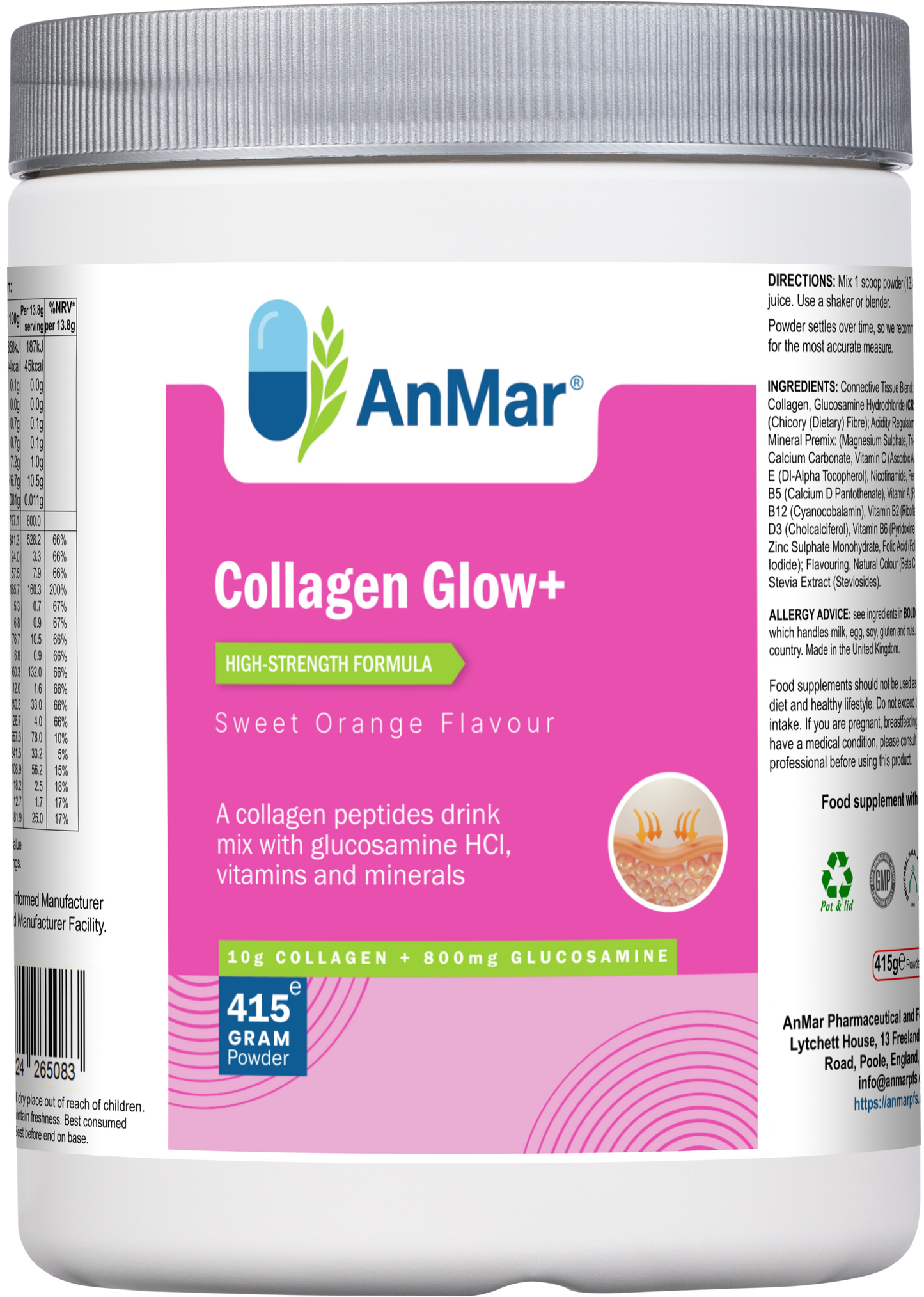 Front of AnMar™ Collagen Glow+ tub showing sweet orange flavour collagen drink mix with glucosamine, vitamins and minerals. 10g collagen and 800mg glucosamine per serving in a 415g powder.