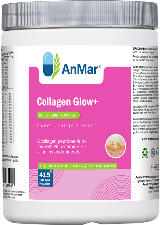 Front of AnMar™ Collagen Glow+ tub showing sweet orange flavour collagen drink mix with glucosamine, vitamins and minerals. 10g collagen and 800mg glucosamine per serving in a 415g powder.
