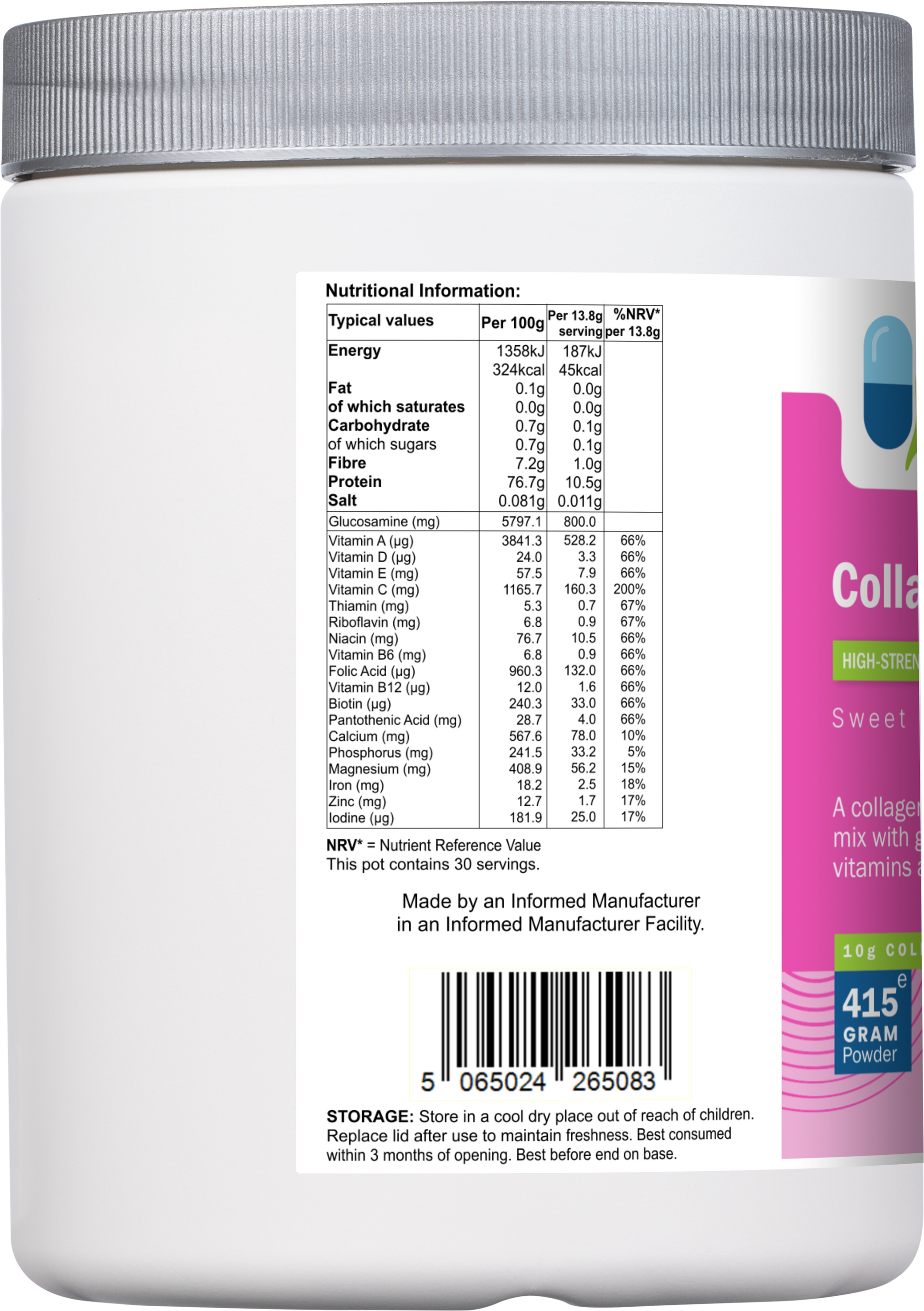 Back label of AnMar™ Collagen Glow+ 415g collagen peptide supplement showing full nutritional information, vitamin and mineral content, serving size, storage instructions, and product barcode.