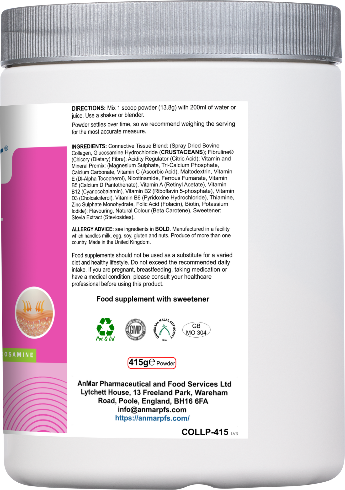 Side label of AnMar™ Collagen Glow+ 415g collagen peptide powder showing directions for use, detailed ingredients including glucosamine and vitamins, allergy advice, and vegan and quality certification logos.