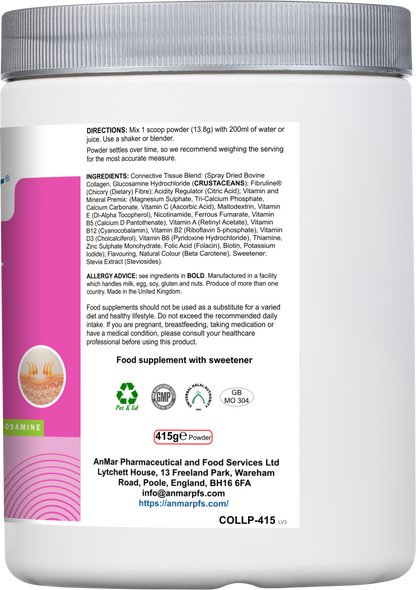 Side label of AnMar™ Collagen Glow+ 415g collagen peptide powder showing directions for use, detailed ingredients including glucosamine and vitamins, allergy advice, and vegan and quality certification logos.