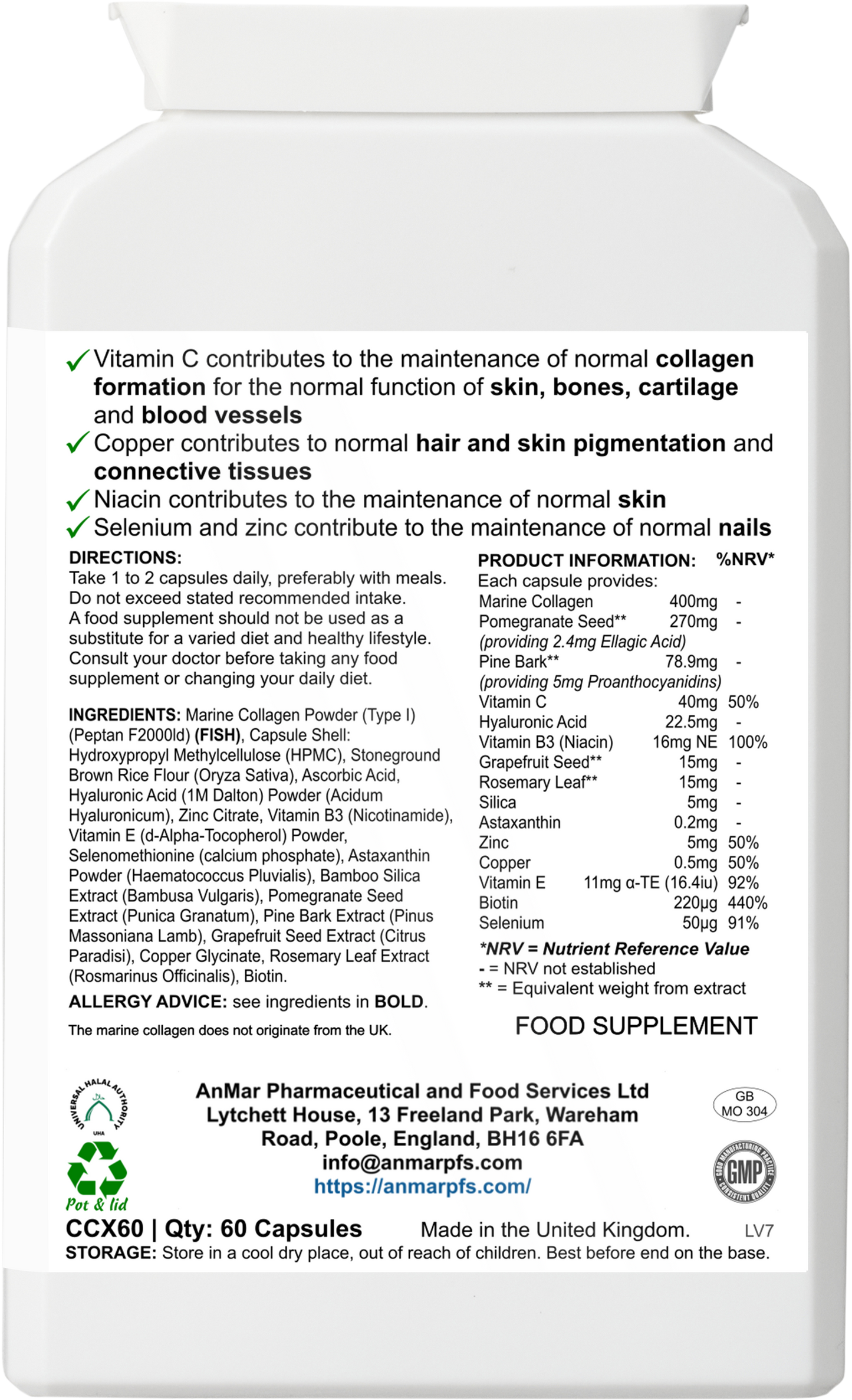 Back label of AnMar™ Collagen Radiance+ supplement showing ingredients list, nutritional values, usage directions, and health claims – 60 capsules.