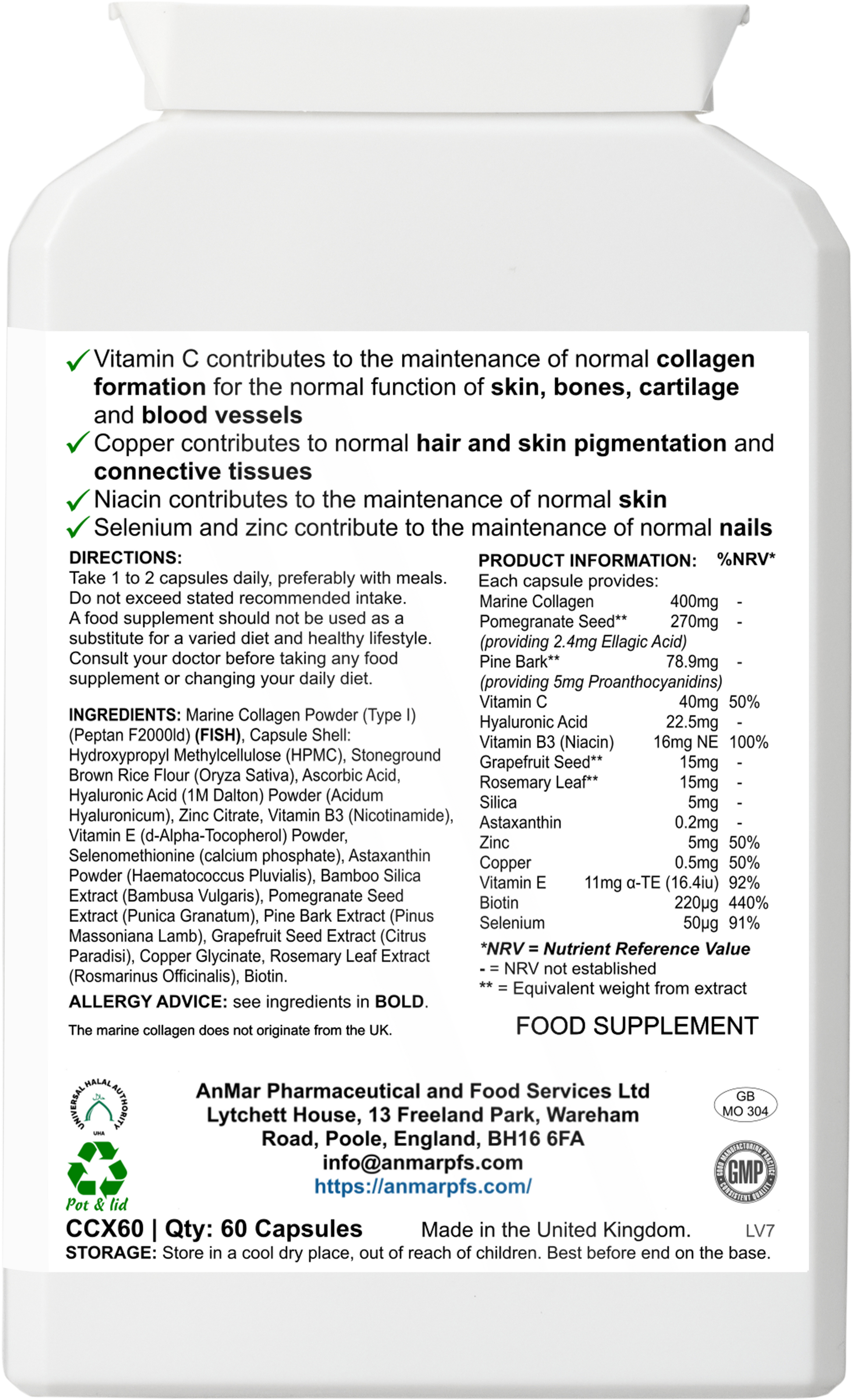 Back label of AnMar™ Collagen Radiance+ supplement showing ingredients list, nutritional values, usage directions, and health claims – 60 capsules.