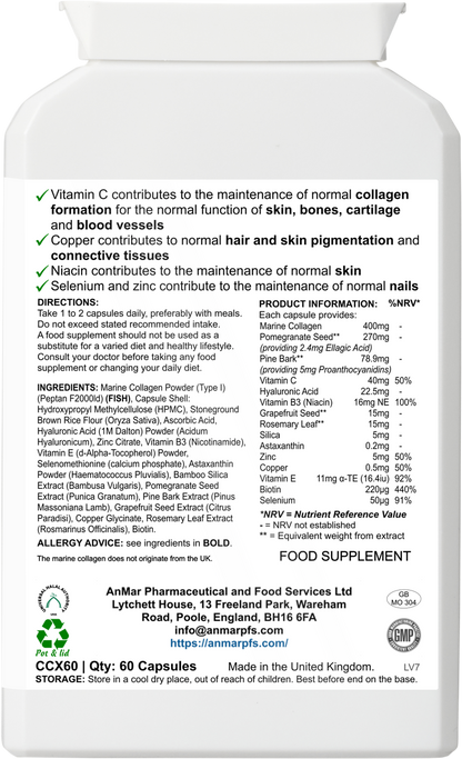 Back label of AnMar™ Collagen Radiance+ supplement showing ingredients list, nutritional values, usage directions, and health claims – 60 capsules.