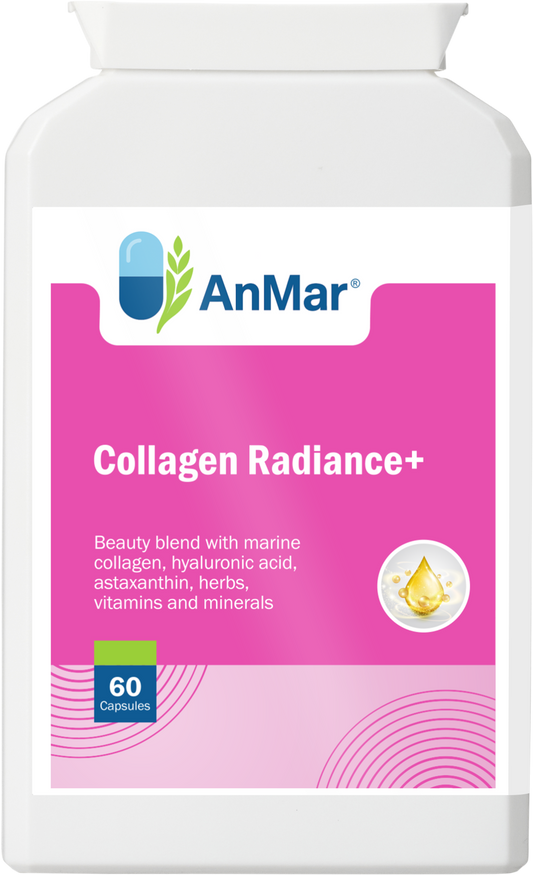 Front label of AnMar™ Collagen Radiance+ bottle, a beauty formula with marine collagen, hyaluronic acid, astaxanthin, and vitamins – 60 capsules.