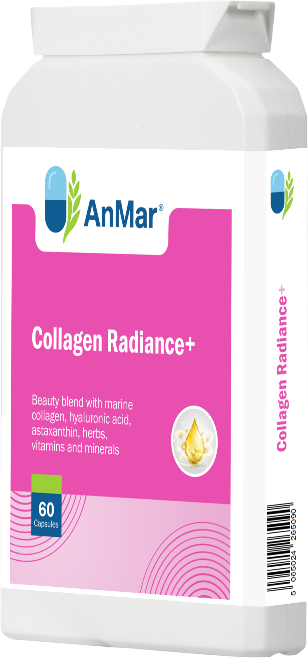 Angled side view of AnMar™ Collagen Radiance+ bottle showing the product label and barcode – 60 capsules beauty complex.