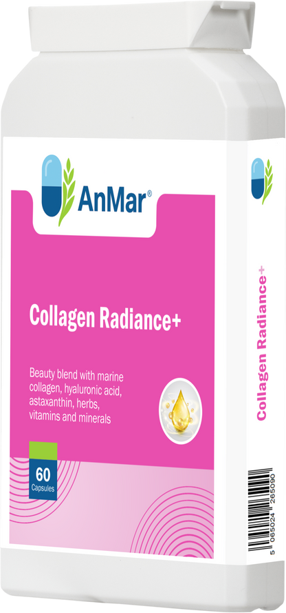 Angled side view of AnMar™ Collagen Radiance+ bottle showing the product label and barcode – 60 capsules beauty complex.