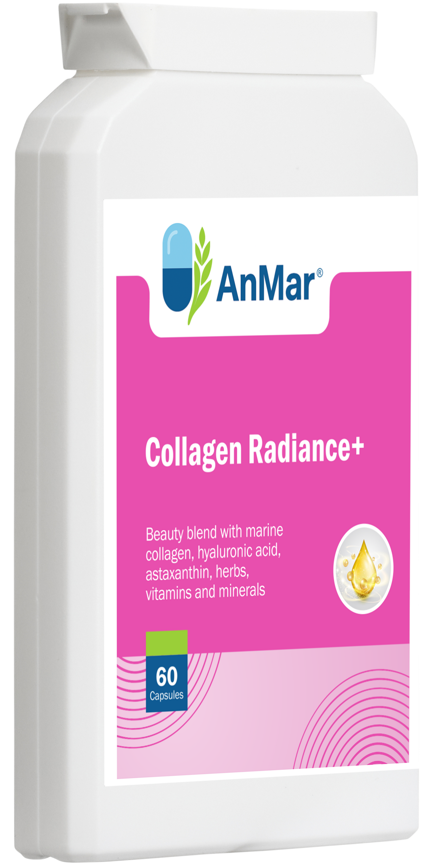 Angled front-left view of AnMar™ Collagen Radiance+ bottle highlighting product label with marine collagen and antioxidant support – 60 capsules.