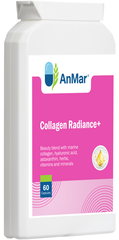 Angled front-left view of AnMar™ Collagen Radiance+ bottle highlighting product label with marine collagen and antioxidant support – 60 capsules.