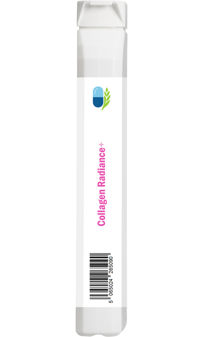 Side view of AnMar™ Collagen Radiance+ bottle showing barcode and narrow white label panel – 60 capsules.