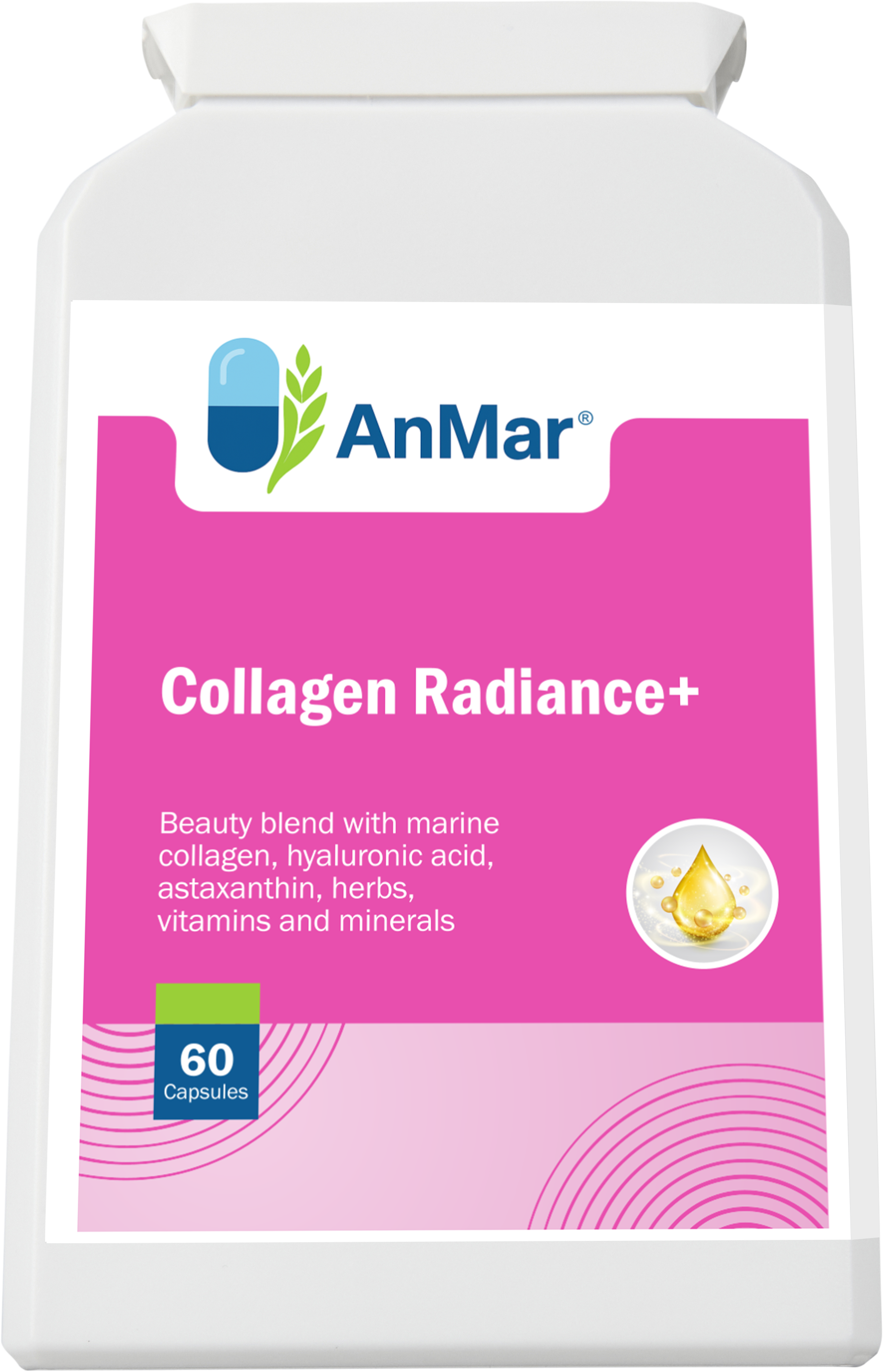 Flat front view of AnMar™ Collagen Radiance+ supplement bottle with marine collagen, hyaluronic acid, and antioxidant-rich ingredients – 60 capsules.