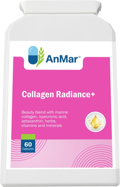 Flat front view of AnMar™ Collagen Radiance+ supplement bottle with marine collagen, hyaluronic acid, and antioxidant-rich ingredients – 60 capsules.