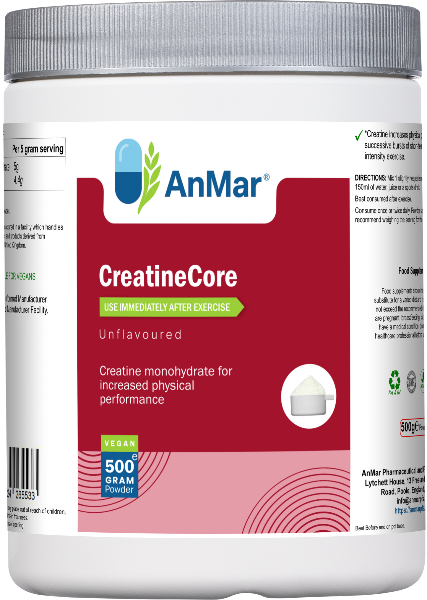 Front label of AnMar™ CreatineCore showing 500g vegan creatine monohydrate supplement, unflavoured, designed to support increased physical performance after exercise.