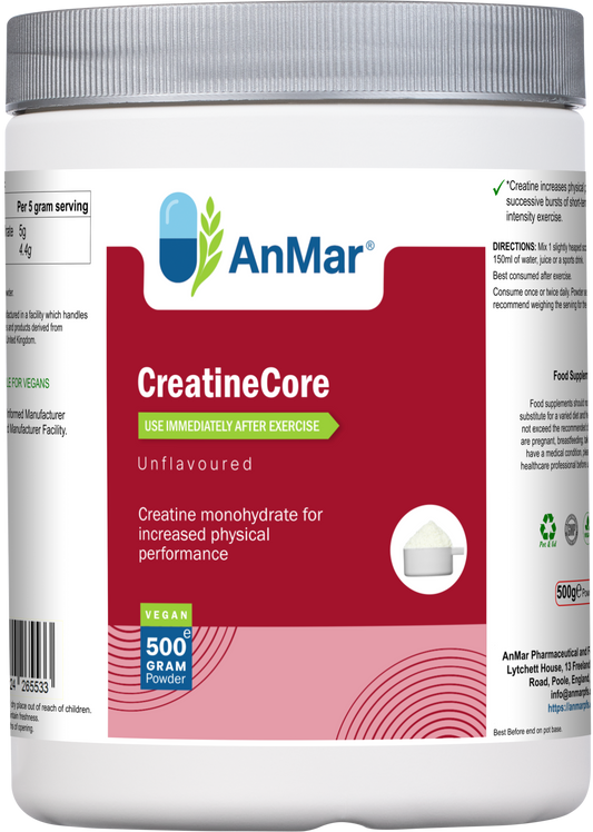 Front label of AnMar™ CreatineCore showing 500g vegan creatine monohydrate supplement, unflavoured, designed to support increased physical performance after exercise.