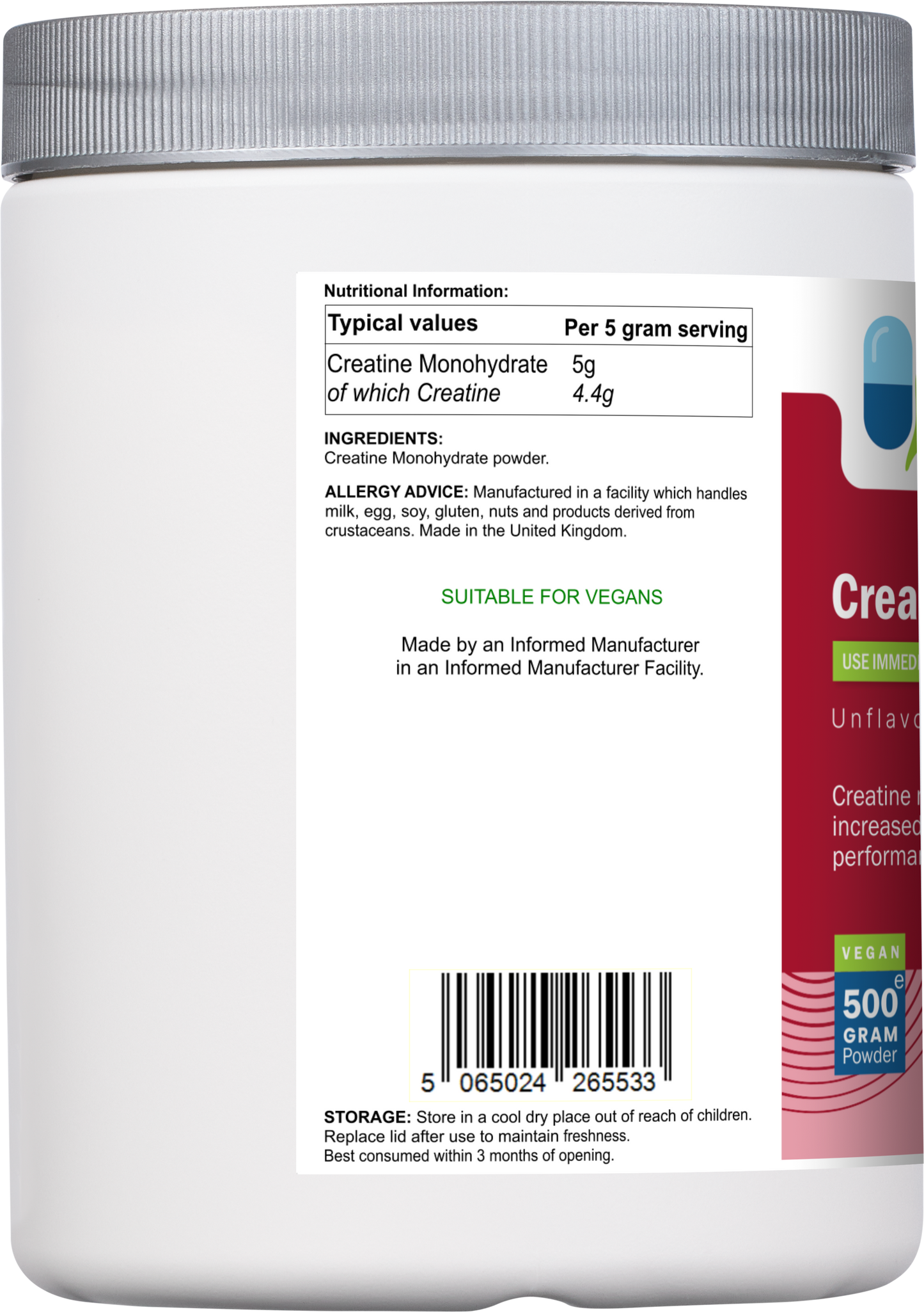 Side label of AnMar™ CreatineCore showing ingredients list, creatine content per serving, vegan suitability, and barcode for the 500g powder container.