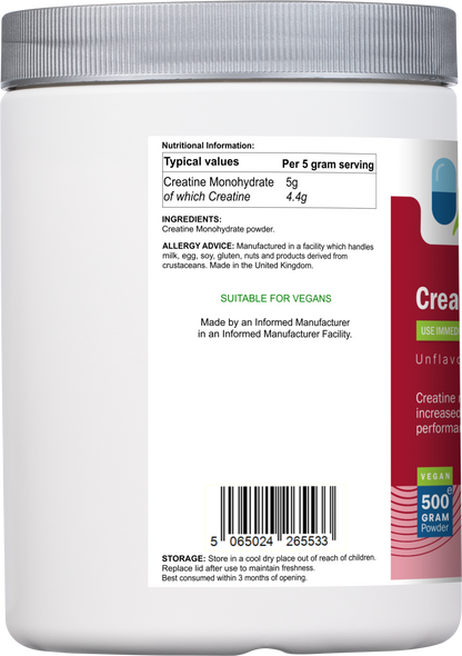 Side label of AnMar™ CreatineCore showing ingredients list, creatine content per serving, vegan suitability, and barcode for the 500g powder container.