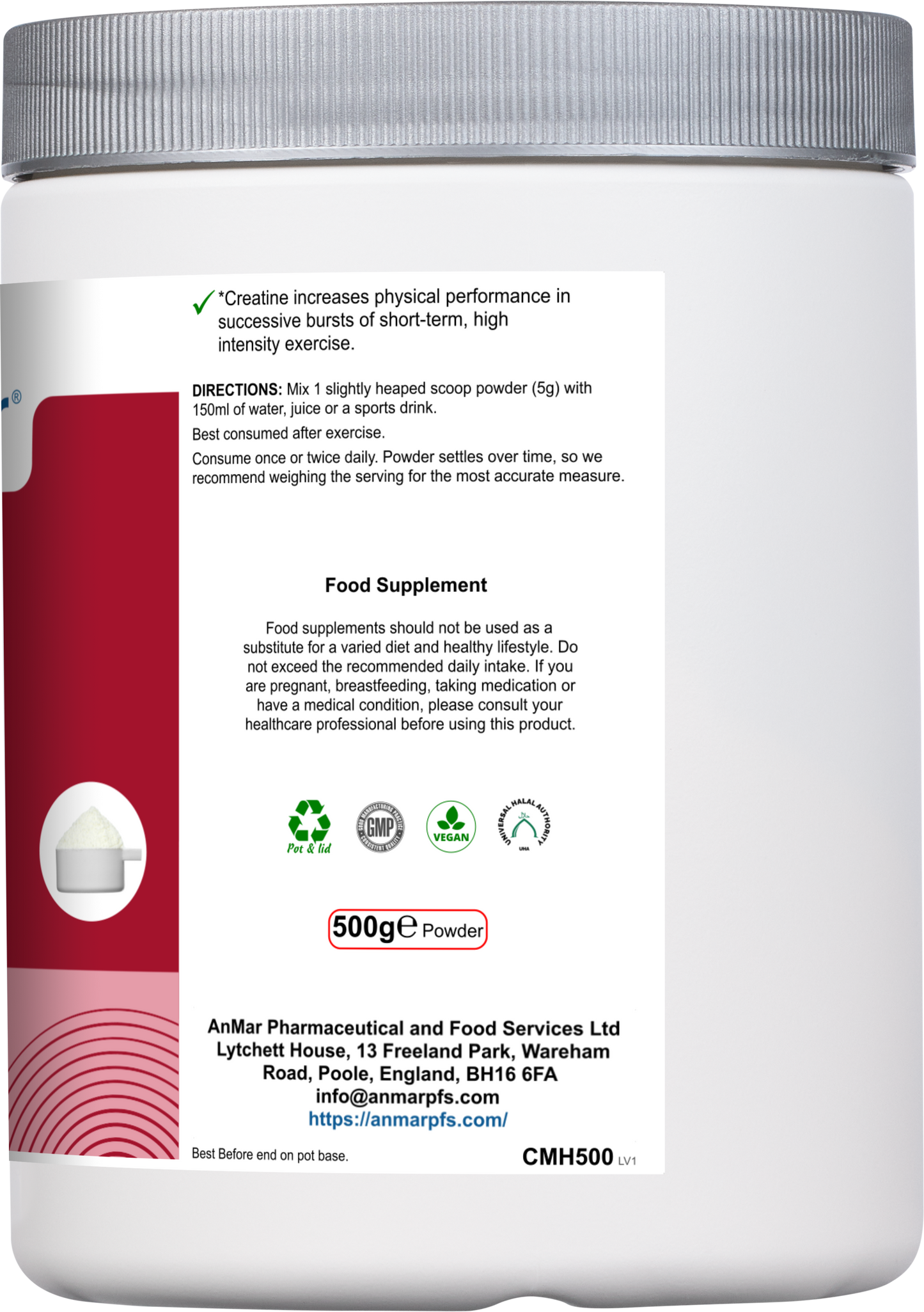 Back of AnMar™ CreatineCore tub showing creatine performance claim, usage directions, 500g powder quantity, supplement disclaimer, and certifications including vegan and GMP.