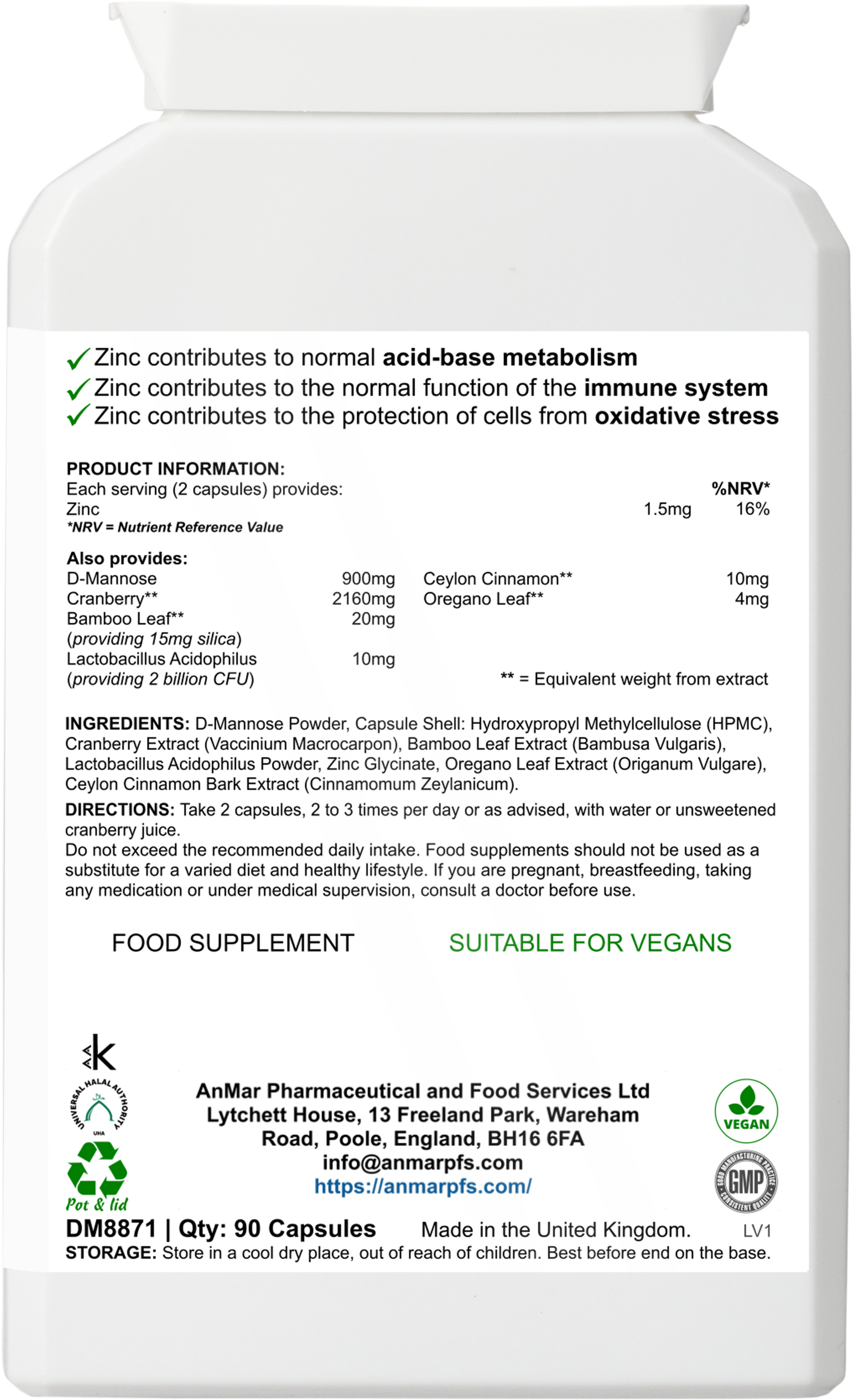 Back label of AnMar™ D-Mannose Boost supplement showing nutritional information, ingredients list, dosage directions, and manufacturer details.