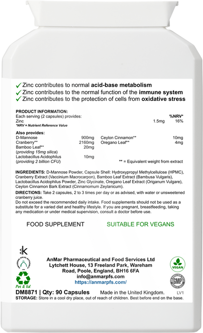 Back label of AnMar™ D-Mannose Boost supplement showing nutritional information, ingredients list, dosage directions, and manufacturer details.