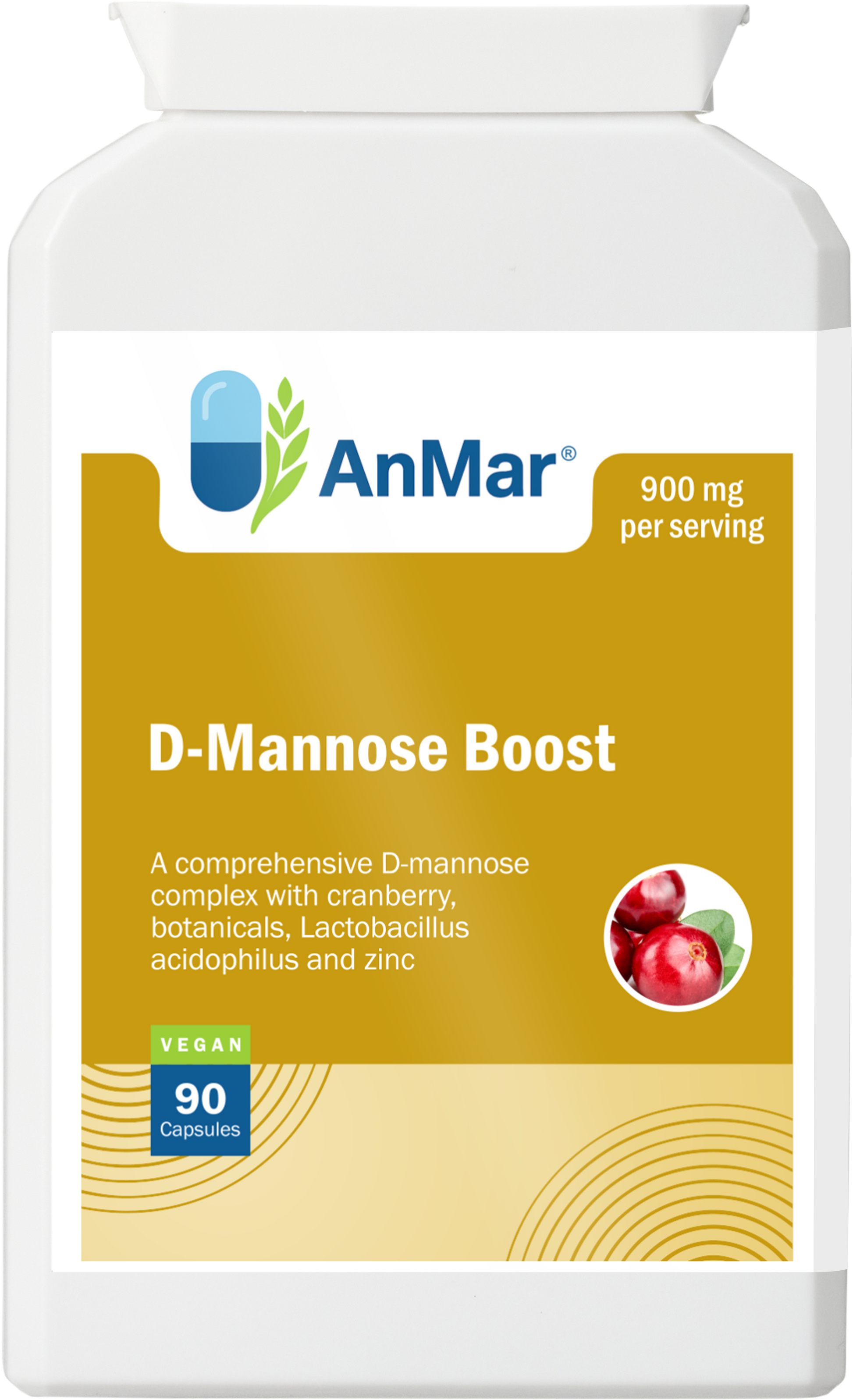Front view of AnMar™ D-Mannose Boost supplement bottle showing label with cranberry image, vegan icon, and 900mg per serving dosage.