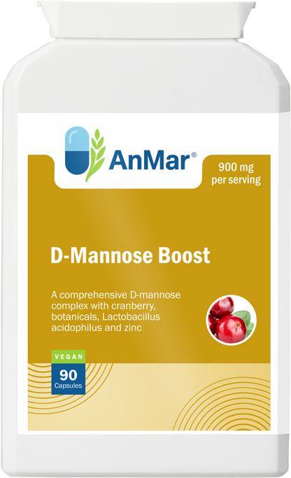 Front view of AnMar™ D-Mannose Boost supplement bottle showing label with cranberry image, vegan icon, and 900mg per serving dosage.