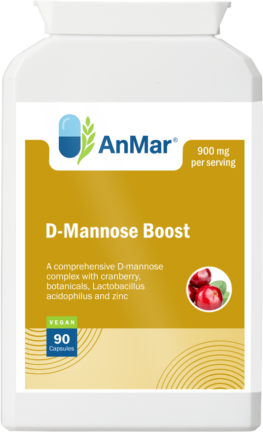 Front view of AnMar™ D-Mannose Boost supplement bottle showing label with cranberry image, vegan icon, and 900mg per serving dosage.