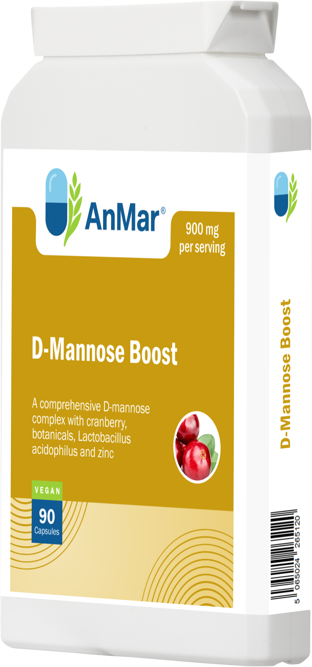 Right-angled product image of AnMar™ D-Mannose Boost supplement with cranberry illustration, showing label and partial barcode.