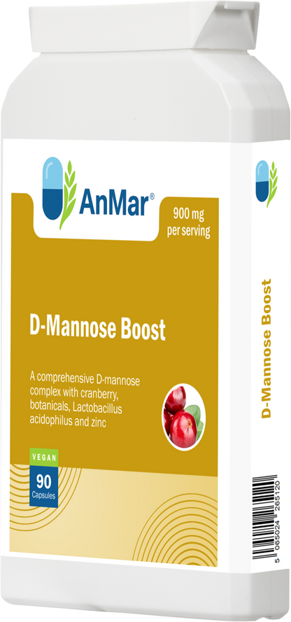 Right-angled product image of AnMar™ D-Mannose Boost supplement with cranberry illustration, showing label and partial barcode.
