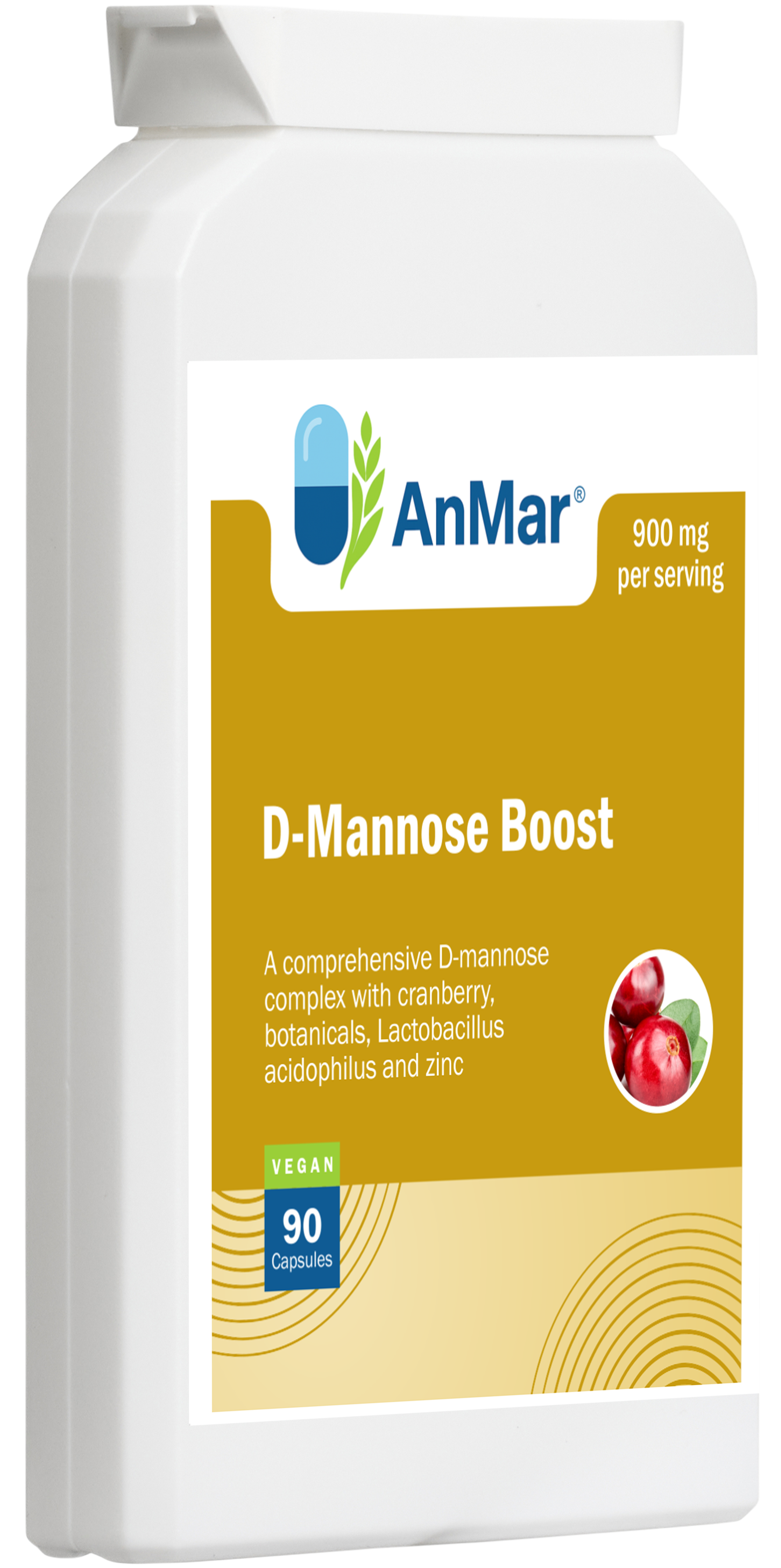 Angled front view of AnMar™ D-Mannose Boost supplement bottle showing label with cranberry imagery and vegan-friendly mark.