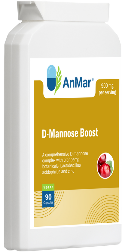 Angled front view of AnMar™ D-Mannose Boost supplement bottle showing label with cranberry imagery and vegan-friendly mark.