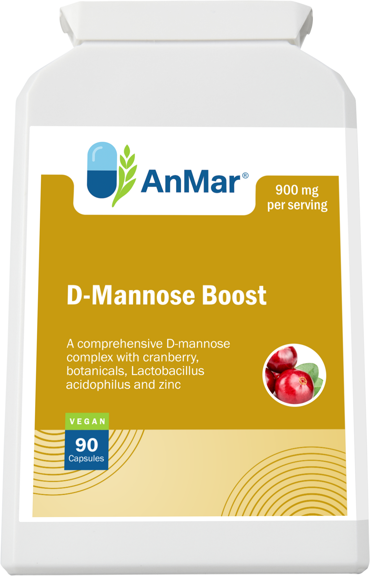Angled front view of AnMar™ D-Mannose Boost bottle with cranberry illustration, vegan icon, and 900mg per serving label.
