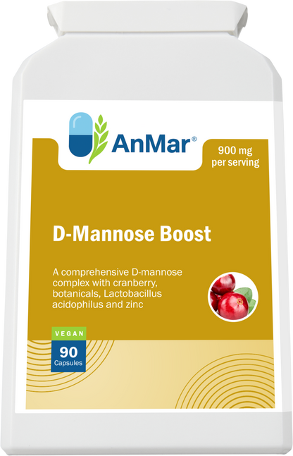 Angled front view of AnMar™ D-Mannose Boost bottle with cranberry illustration, vegan icon, and 900mg per serving label.