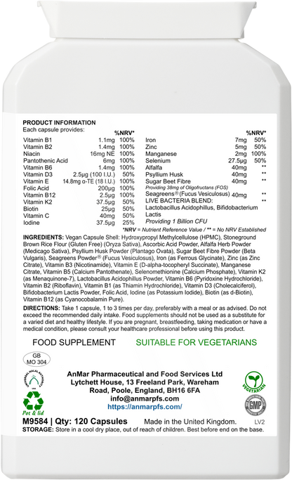 Back view of AnMar™ DailyVita Core bottle showing full nutritional panel, ingredient list, directions, and suitability for vegetarians.