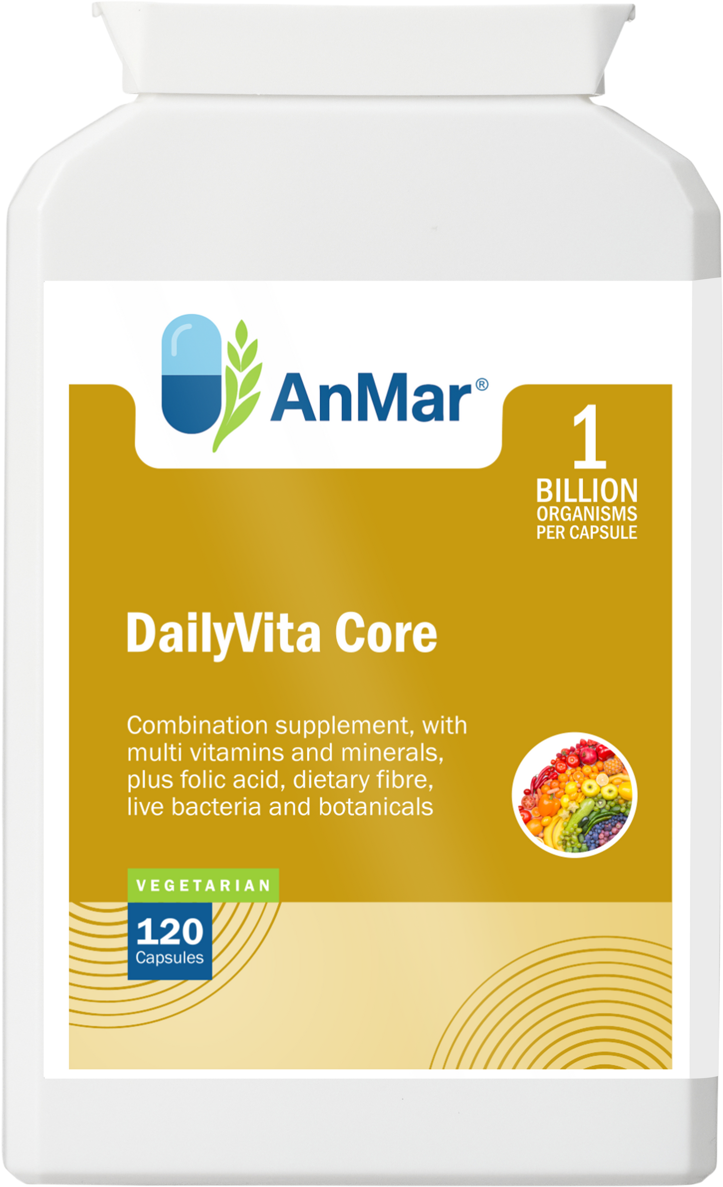 Front label of AnMar™ DailyVita Core bottle showing a multivitamin and mineral supplement with folic acid, fibre, botanicals, and live cultures, available in 120 vegetarian capsules.