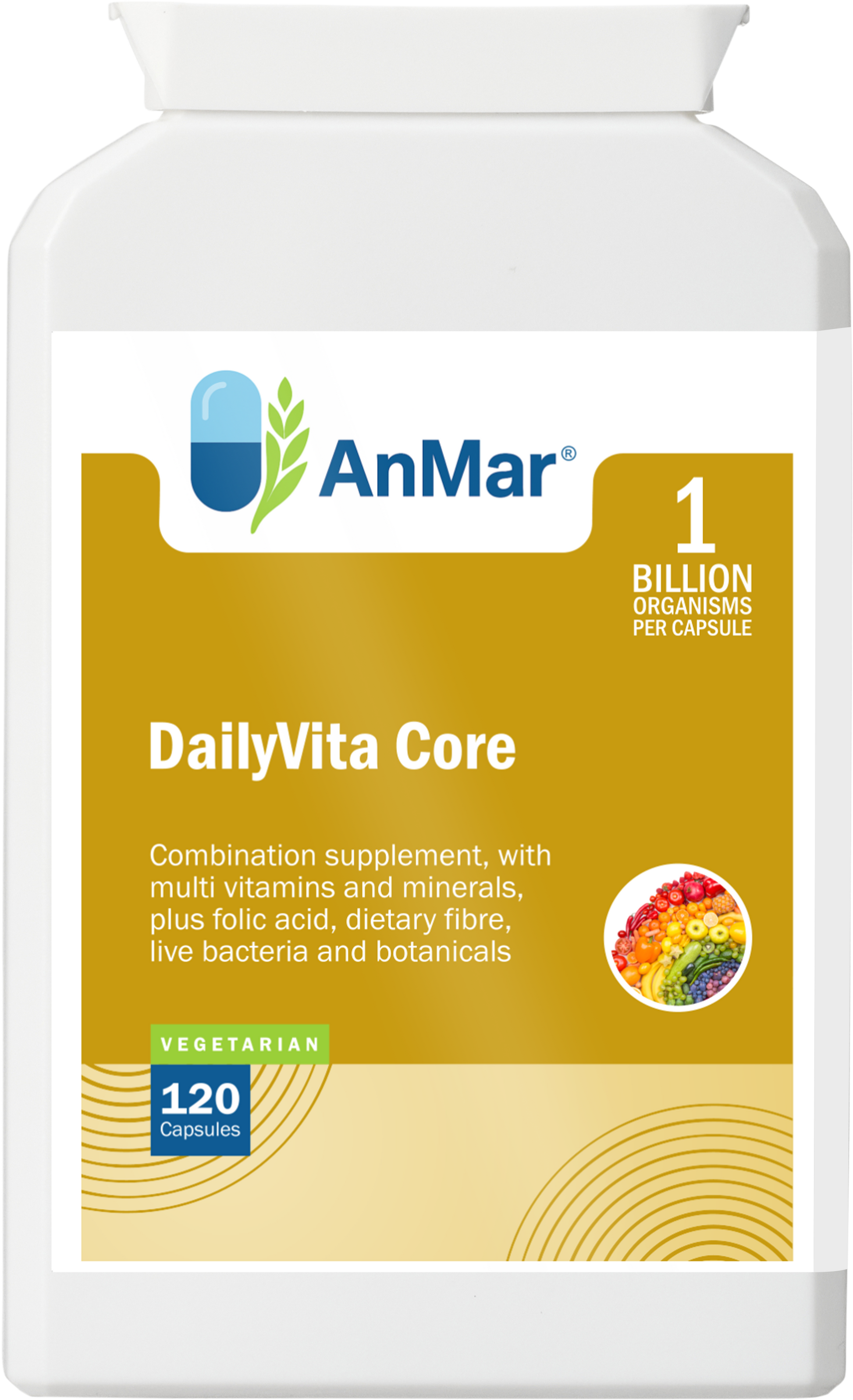 Front label of AnMar™ DailyVita Core bottle showing a multivitamin and mineral supplement with folic acid, fibre, botanicals, and live cultures, available in 120 vegetarian capsules.