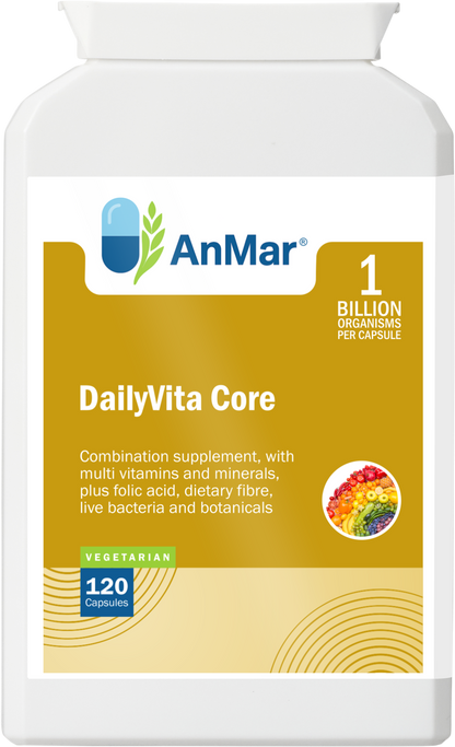 Front label of AnMar™ DailyVita Core bottle showing a multivitamin and mineral supplement with folic acid, fibre, botanicals, and live cultures, available in 120 vegetarian capsules.