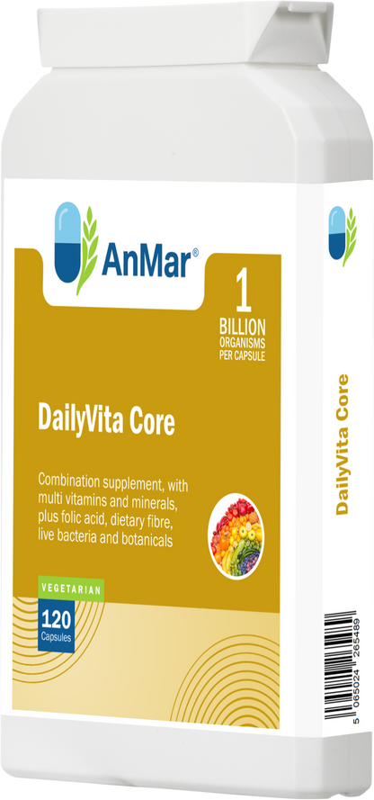 Right-angled front view of AnMar™ DailyVita Core bottle featuring a multivitamin and mineral supplement with botanicals, fibre, folic acid, and live cultures in 120 vegetarian capsules.