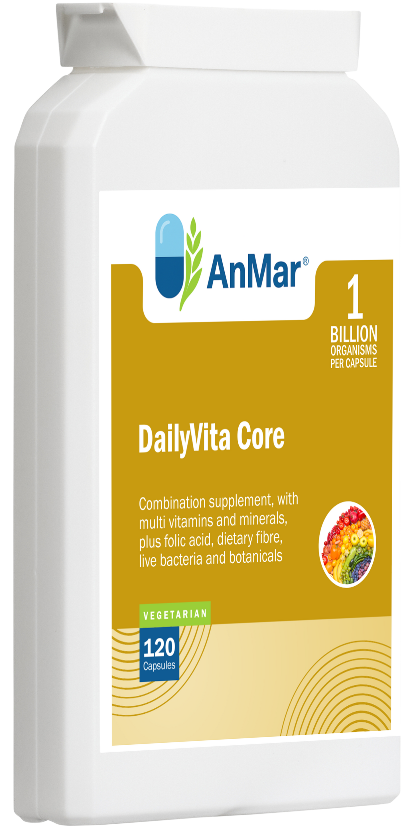 Angled front view of AnMar™ DailyVita Core supplement bottle showing label details including 1 billion organisms per capsule, vegetarian formula, and 120 capsule count.
