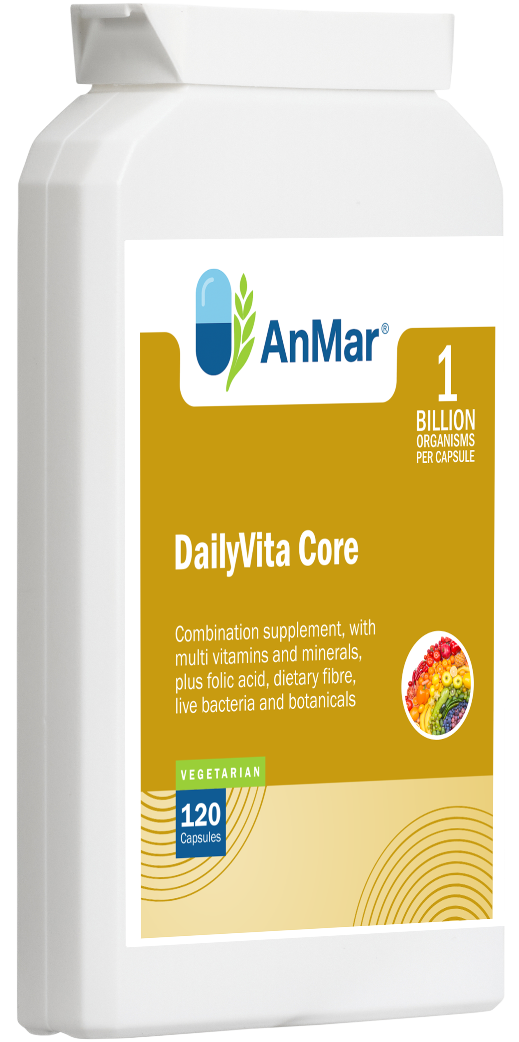 Angled front view of AnMar™ DailyVita Core supplement bottle showing label details including 1 billion organisms per capsule, vegetarian formula, and 120 capsule count.