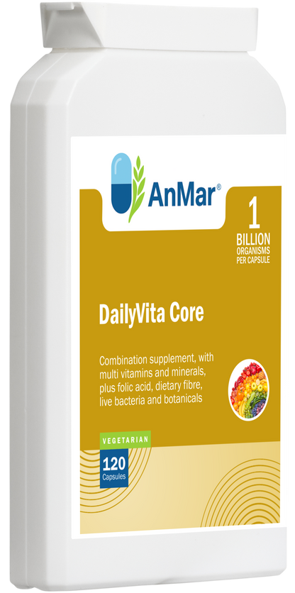 Angled front view of AnMar™ DailyVita Core supplement bottle showing label details including 1 billion organisms per capsule, vegetarian formula, and 120 capsule count.