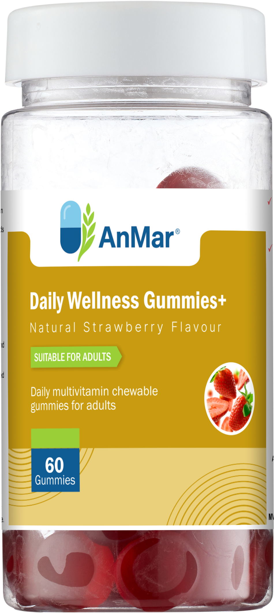 Front view of AnMar™ Daily Wellness Gummies+ bottle showing 60 strawberry-flavoured chewable multivitamin gummies for adults with bright label design.