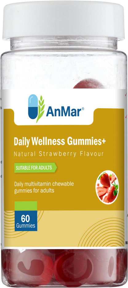 Front view of AnMar™ Daily Wellness Gummies+ bottle showing 60 strawberry-flavoured chewable multivitamin gummies for adults with bright label design.