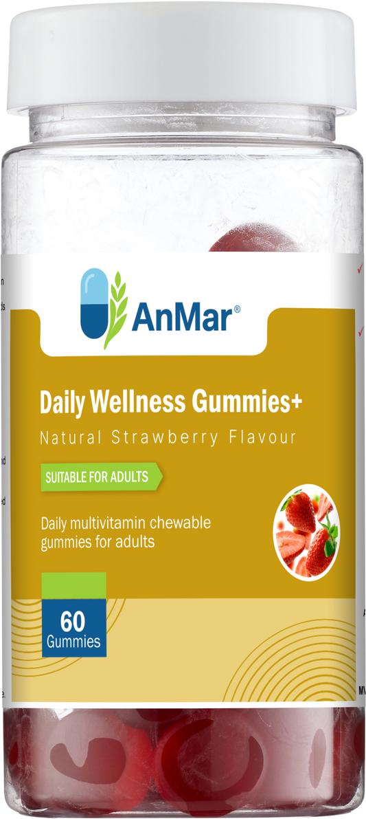 Front view of AnMar™ Daily Wellness Gummies+ bottle showing 60 strawberry-flavoured chewable multivitamin gummies for adults with bright label design.