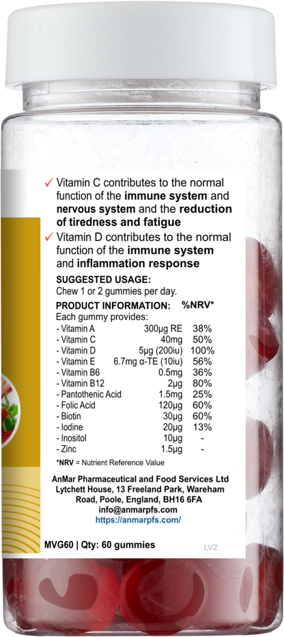 Back view of AnMar™ Daily Wellness Gummies+ bottle showing nutritional information, suggested usage, and company contact details for the 60-count strawberry flavour multivitamin gummies.