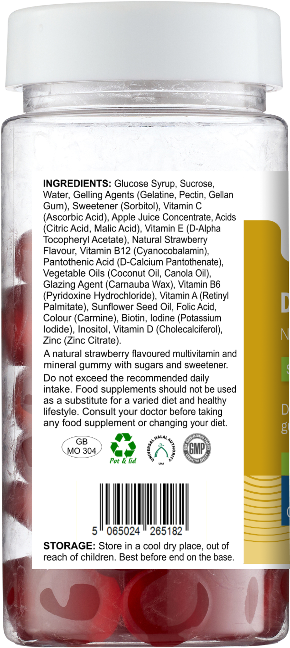 Back view of AnMar™ Daily Wellness Gummies+ bottle showing full ingredients list, product description, and barcode for the 60-count strawberry multivitamin gummies.