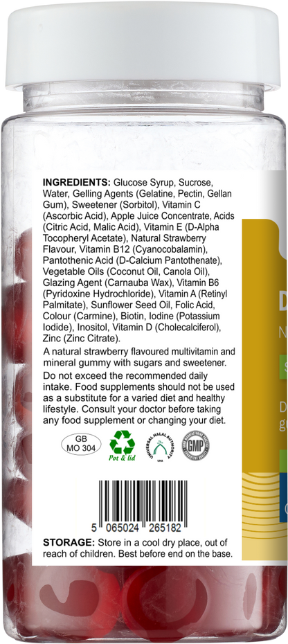 Back view of AnMar™ Daily Wellness Gummies+ bottle showing full ingredients list, product description, and barcode for the 60-count strawberry multivitamin gummies.