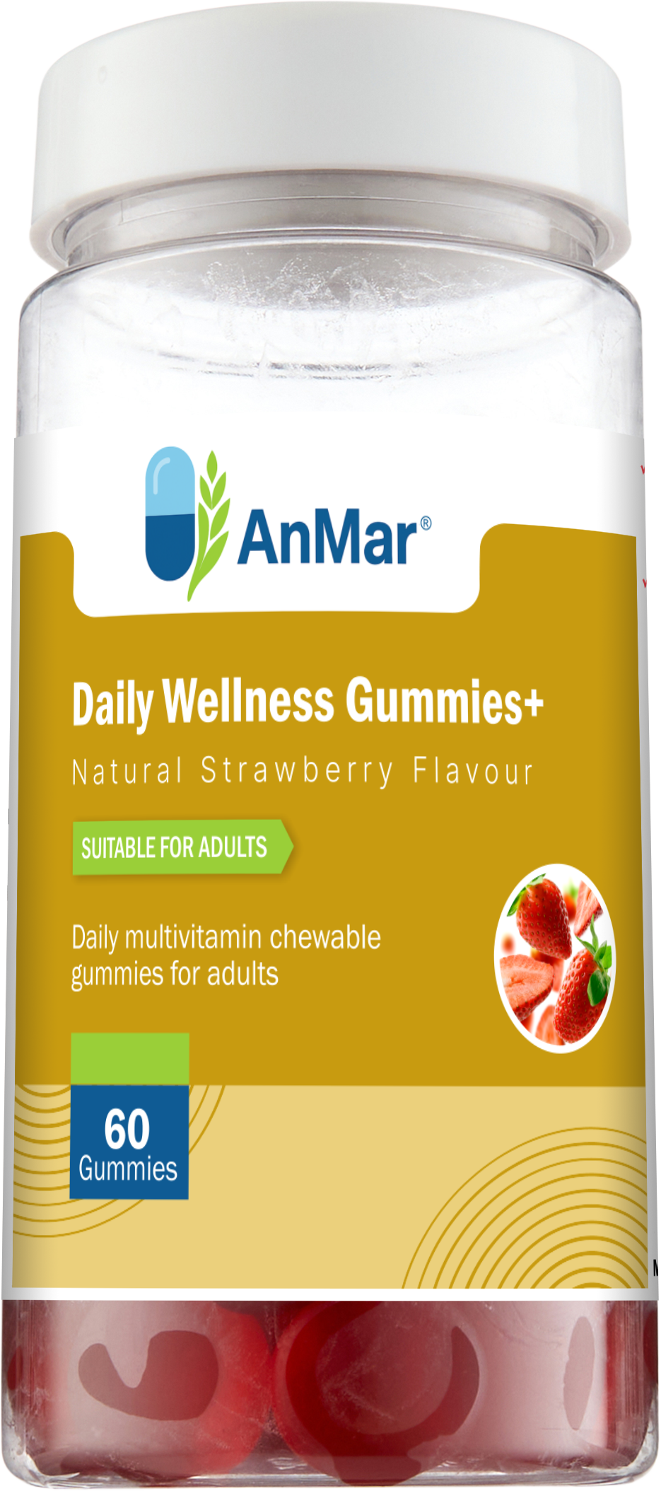 Straight-on image of AnMar™ Daily Wellness Gummies+ bottle with 60 strawberry-flavoured adult multivitamin gummies, displaying front label clearly.