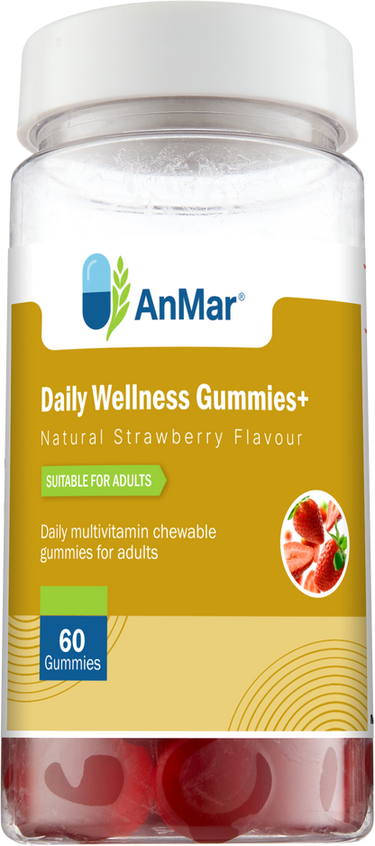 Straight-on image of AnMar™ Daily Wellness Gummies+ bottle with 60 strawberry-flavoured adult multivitamin gummies, displaying front label clearly.