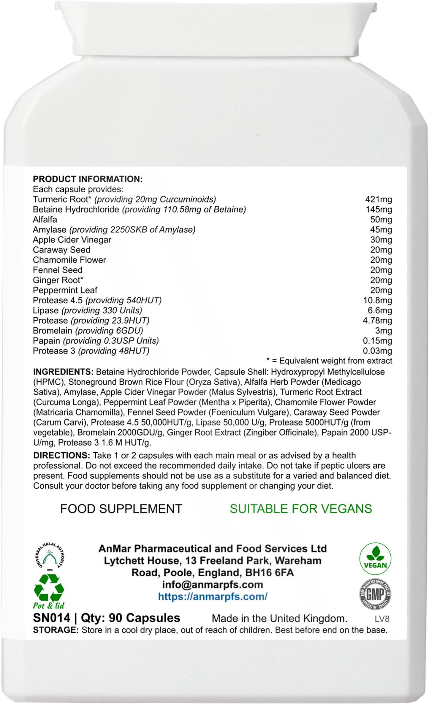 Back view of AnMar™ DigestEase showing full supplement facts, enzyme blend, herbal ingredients like turmeric and peppermint leaf, usage directions, vegan certification, and manufacturer information.
